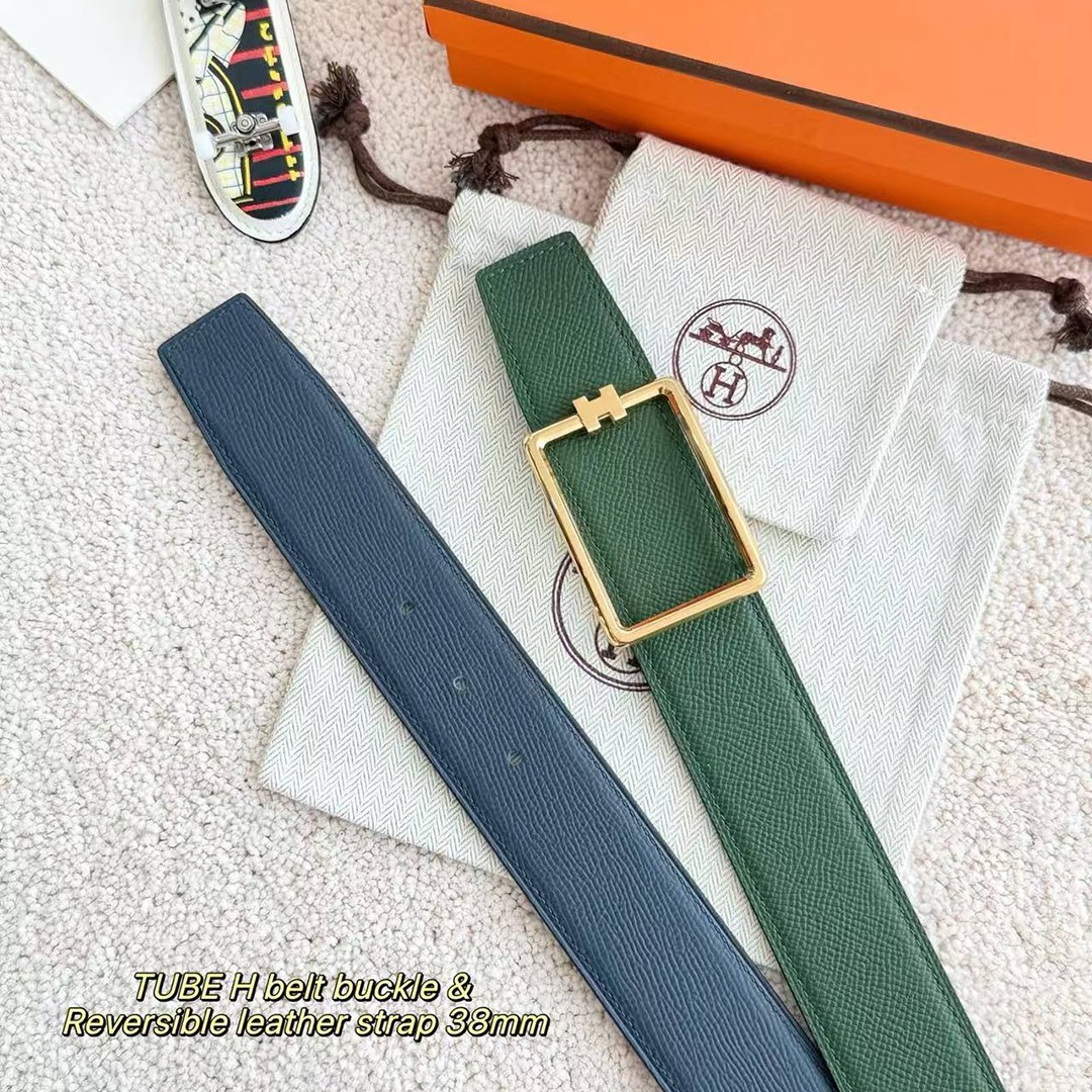 Hermes Tube H Belt Buckle & Reversible Leather Strap 38 mm Box 135 and Togo Calfskin Palladium Buckle Silver Bleu Marine Vert Amande - Image 7